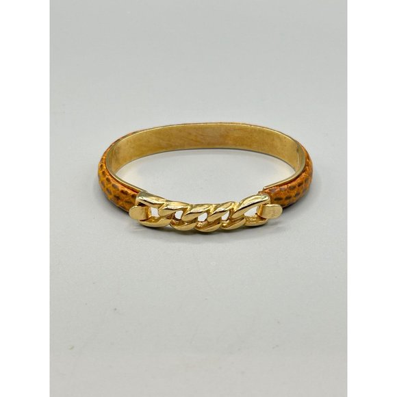 Vtg 80s 90s Snakeskin Bracelet Hinged Bangle Light Brown with Gold Plated Chain - Picture 3 of 8